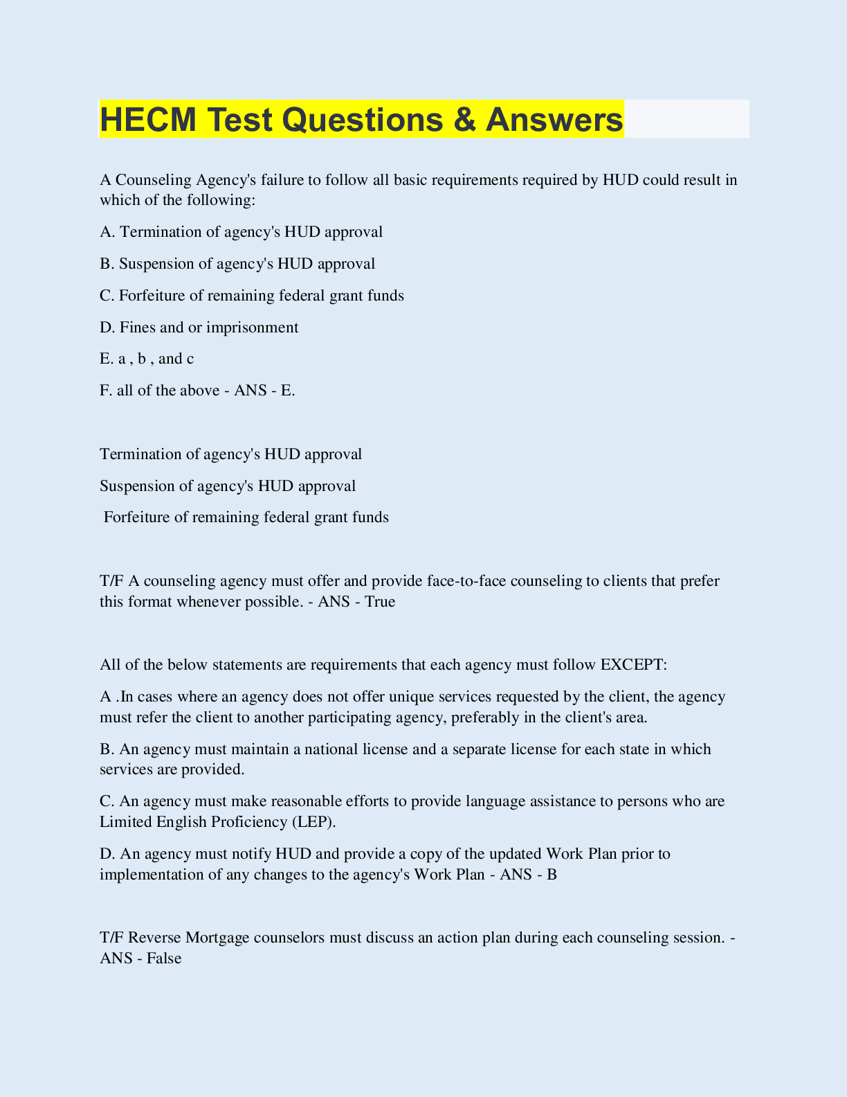 Preview image for HECM Test Questions & Answers | 150 Questions with 100% Correct Answers | Updated & Verified | 28 Pages